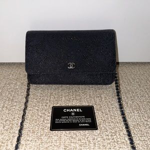 Chanel Navy Blue/Black Lace Overlay Classic Wallet on Chain WOC Crossbody Bag